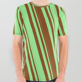 [ Thumbnail: Brown and Green Colored Lined Pattern All Over Graphic Tee ]