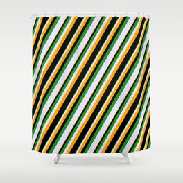 [ Thumbnail: Forest Green, Lavender, Orange & Black Colored Striped Pattern Shower Curtain ]