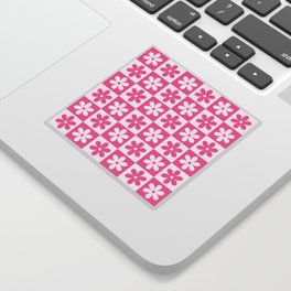 Hot pink and white checkered cute retro flower pattern Sticker