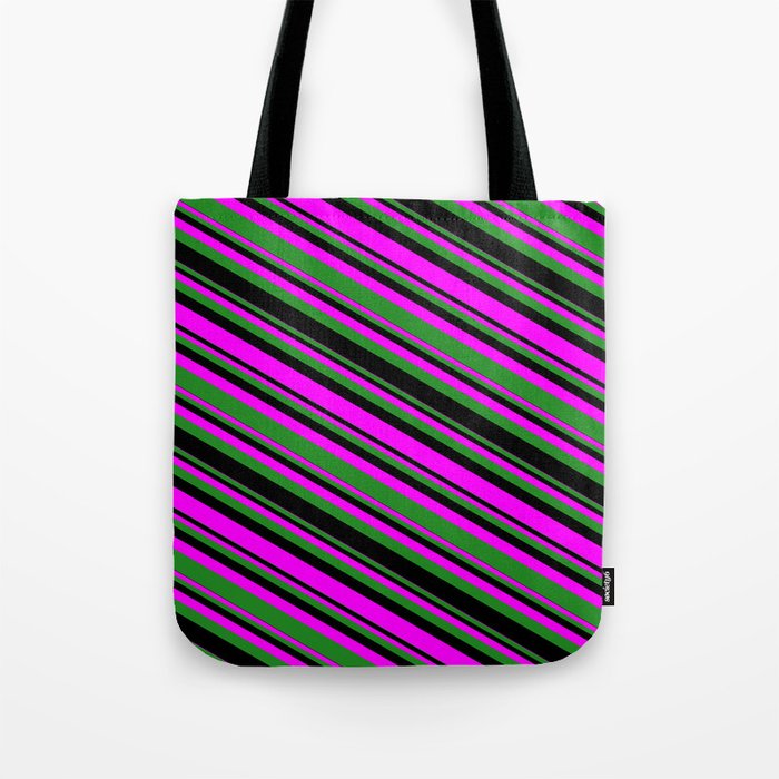 Fuchsia, Forest Green & Black Colored Lines/Stripes Pattern Tote Bag