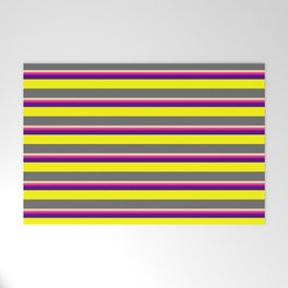 [ Thumbnail: Tan, Deep Pink, Indigo, Yellow, and Dim Gray Colored Striped Pattern Welcome Mat ]