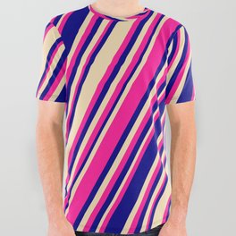 [ Thumbnail: Deep Pink, Blue, and Tan Colored Stripes/Lines Pattern All Over Graphic Tee ]