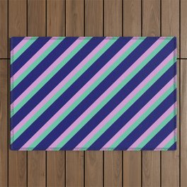 [ Thumbnail: Plum, Aquamarine & Midnight Blue Colored Lined/Striped Pattern Outdoor Rug ]