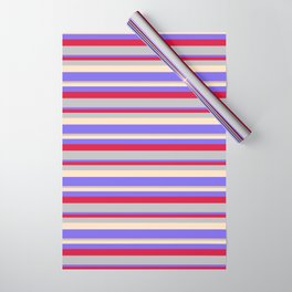 [ Thumbnail: Crimson, Grey, Bisque & Medium Slate Blue Colored Lined Pattern Wrapping Paper ]