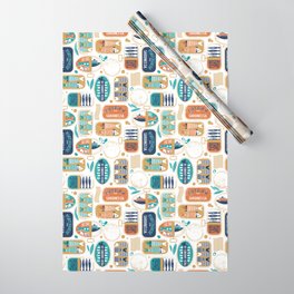 Vintage canned sardines // white background peacock teal and gold drop orange cans  Wrapping Paper