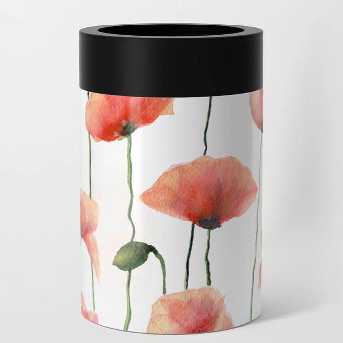 Poppies Watercolor White Background  Can Cooler