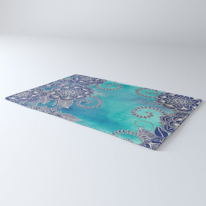 Mermaid S Garden Navy Amp Teal Floral On Watercolor Rug By