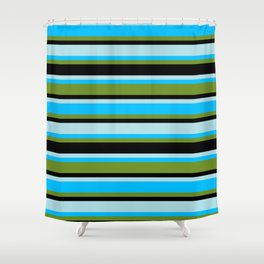 [ Thumbnail: Deep Sky Blue, Green, Black & Powder Blue Colored Striped Pattern Shower Curtain ]
