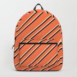 [ Thumbnail: Coral, Beige & Black Colored Lines Pattern Backpack ]