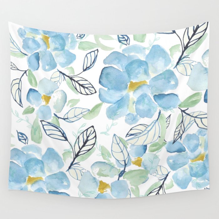 Blue flower garden watercolor Wall Tapestry