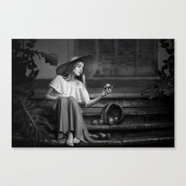 Here, There, and Everywhere; Girl with a hat and an apple; serene summer portrait black and white photograph - photography - photographs Canvas Print