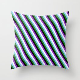 [ Thumbnail: Eye-catching Dark Orchid, White, Light Sky Blue, Forest Green, and Black Colored Stripes Pattern Throw Pillow ]