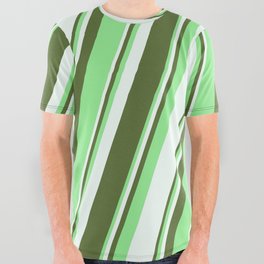 [ Thumbnail: Dark Olive Green, Light Green, and Mint Cream Colored Lines Pattern All Over Graphic Tee ]