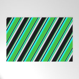 [ Thumbnail: Cyan, Lime Green, Lavender, and Black Colored Pattern of Stripes Welcome Mat ]