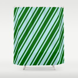 [ Thumbnail: Powder Blue & Dark Green Colored Stripes/Lines Pattern Shower Curtain ]