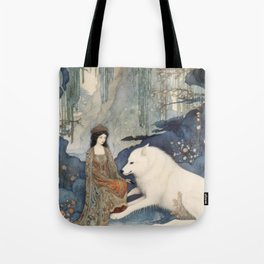 Girl and White Wolf Tote Bag