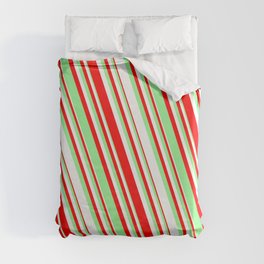 [ Thumbnail: Red, Green & White Colored Striped/Lined Pattern Duvet Cover ]