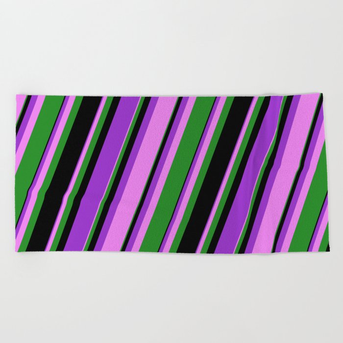 Dark Orchid, Violet, Forest Green, and Black Colored Lines Pattern Beach Towel