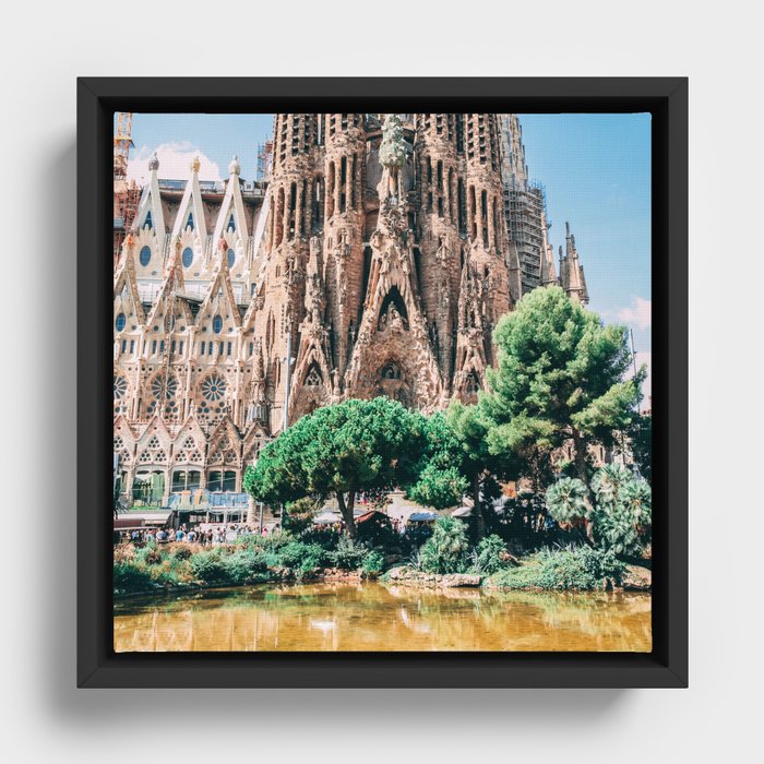 Spain Photography - Pond In Front Of A Basilica In Barcelona Framed Canvas