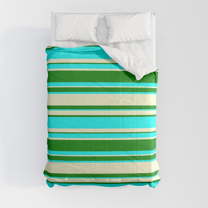 Light Yellow, Green, and Aqua Colored Lined Pattern Comforter