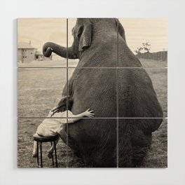 Odd Best Friends, Sweet Little Girl hugging elephant black and white photograph Wood Wall Art