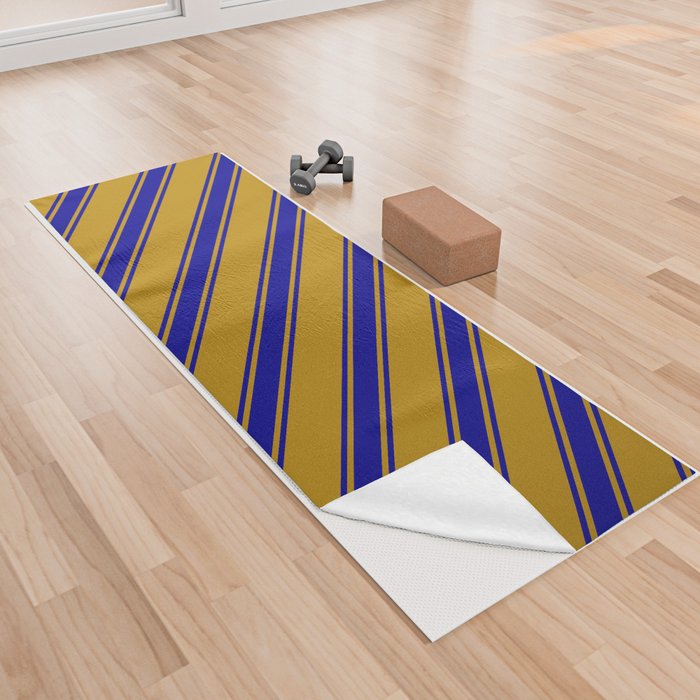 Dark Goldenrod and Dark Blue Colored Stripes/Lines Pattern Yoga Towel
