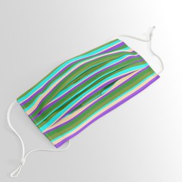 [ Thumbnail: Vibrant Tan, Purple, Forest Green, Green & Aqua Colored Striped/Lined Pattern Face Mask ]