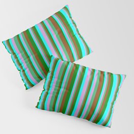 [ Thumbnail: Eye-catching Brown, Green, Cyan, Plum, and Sea Green Colored Stripes Pattern Pillow Sham ]