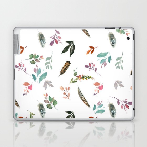 Watercolor pink teal brown bohemian feathers floral Laptop & iPad Skin