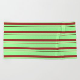 [ Thumbnail: Green & Brown Colored Striped Pattern Beach Towel ]