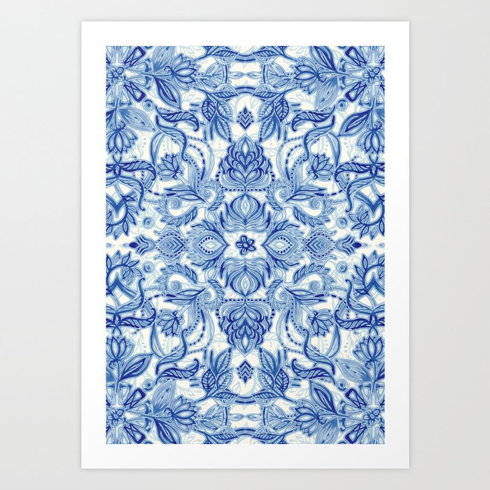 Pattern in Denim Blues on White Art Print