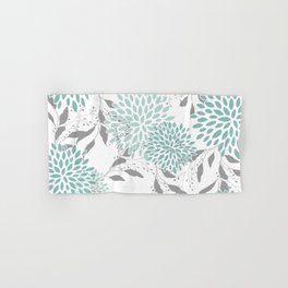 Festive, Floral Blooms and Leaves, Teal and Gray Hand & Bath Towel