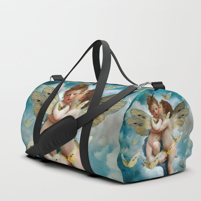 "Angels in love in heaven with butterflies" Duffle Bag | Collage, Painting, Clouds, Angels, Love, Lovers, Heaven, Sky, Blue, Light