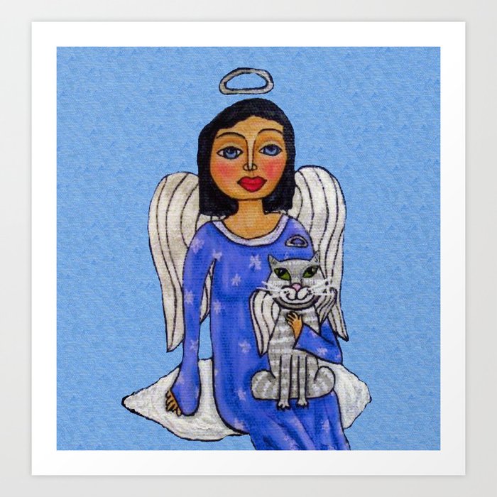 Peaceful Folk Art Angel White Cat Angel Sky on Cloud Blue Art Print