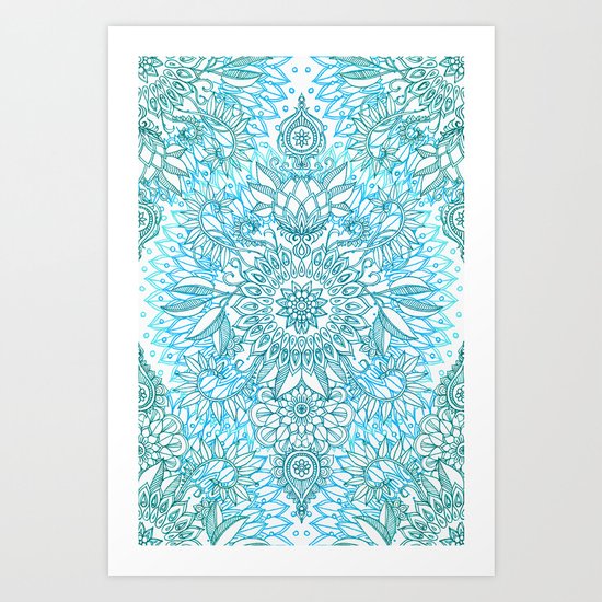 Turquoise Blue, Teal & White Protea Doodle Pattern Art Print