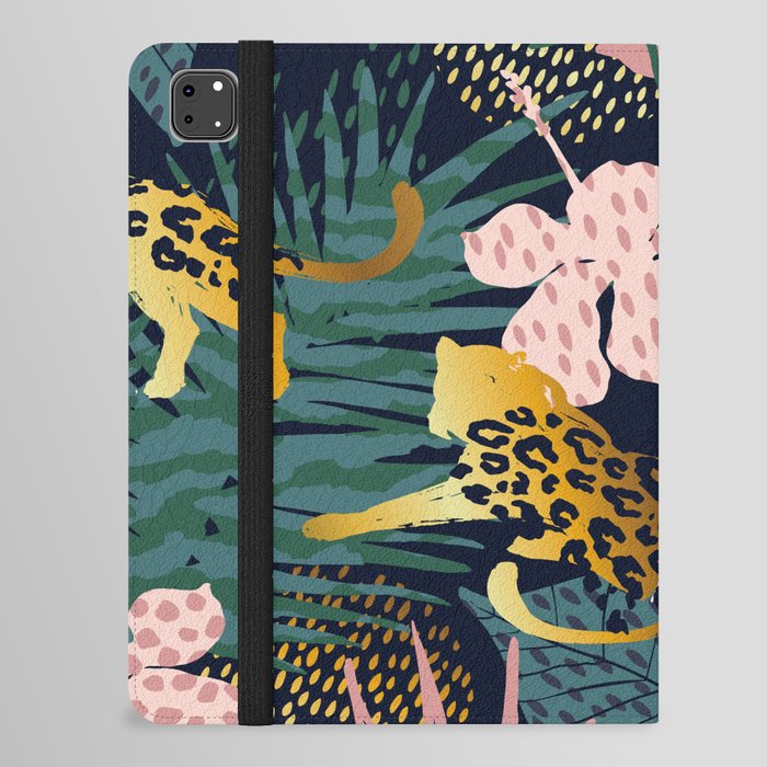 Exotic Golden Jungle Leopard & Pink Palm Leaf Geometric Pattern iPad Folio Case