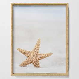 Starfish On Beach Photography, Pale Blue Beige Summer Coastal Seashore Art Serving Tray