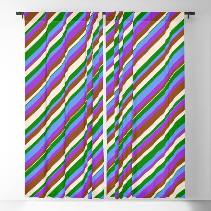 Colorful Cornflower Blue, Dark Orchid, Brown, Beige & Green Colored Lined/Striped Pattern Blackout Curtain