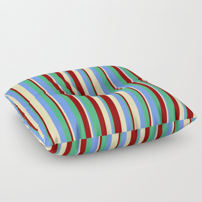 Beige, Cornflower Blue, Sea Green, and Dark Red Colored Lines/Stripes Pattern Floor Pillow