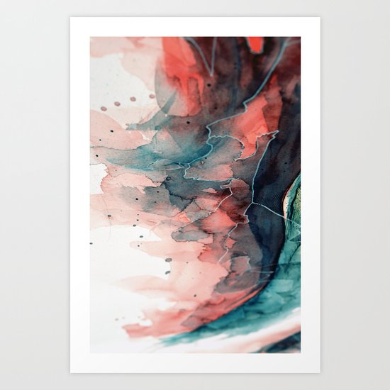 Watercolor dark green & red, abstract texture Art Print