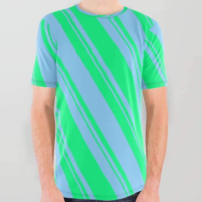 Light Sky Blue and Green Colored Pattern of Stripes All Over Graphic Tee