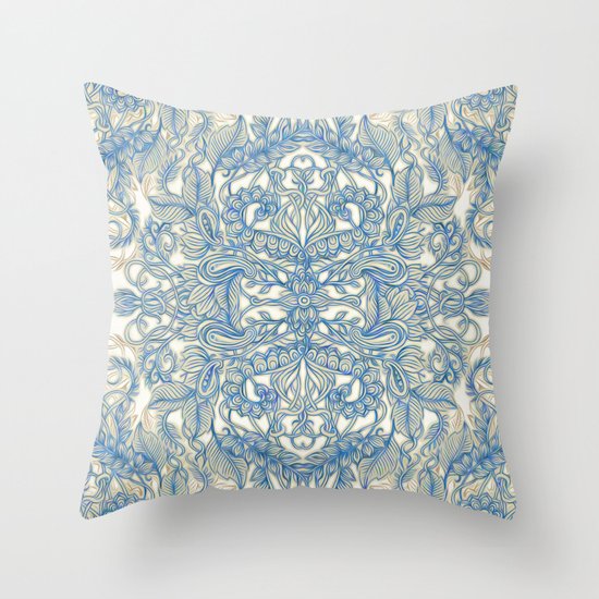 Blue & Tan Art Nouveau Pattern Throw Pillow