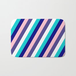 [ Thumbnail: Vibrant Dark Turquoise, Blue, Pink, Dark Slate Blue & White Colored Lined/Striped Pattern Bath Mat ]