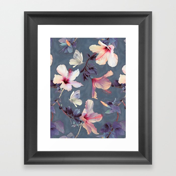 Butterflies and Hibiscus Flowers - a painted pattern Framed Art Print