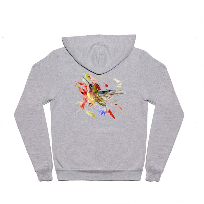 Flying Hummingbird and red tropical foliage Hoody