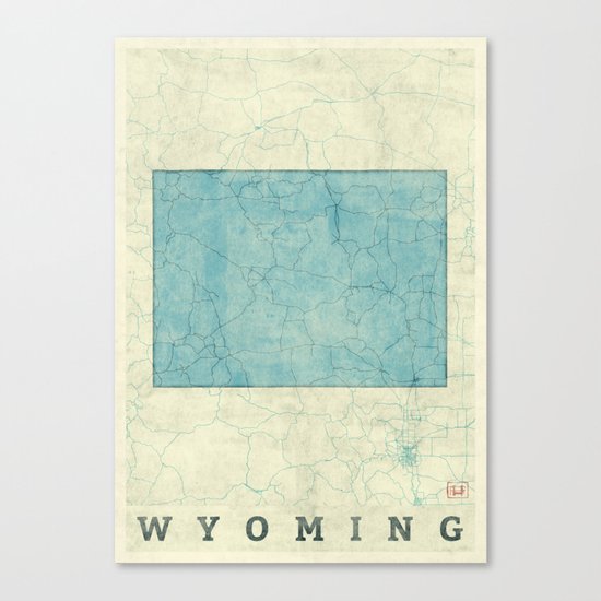 Wyoming State Map Blue Vintage Canvas Print