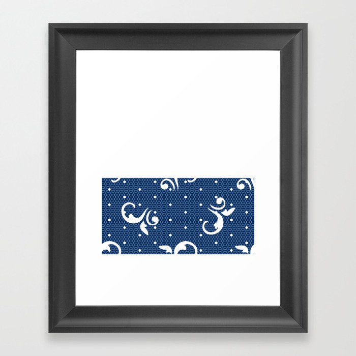 White Floral Curls Lace Horizontal Split on Dark Navy Blue Framed Art Print