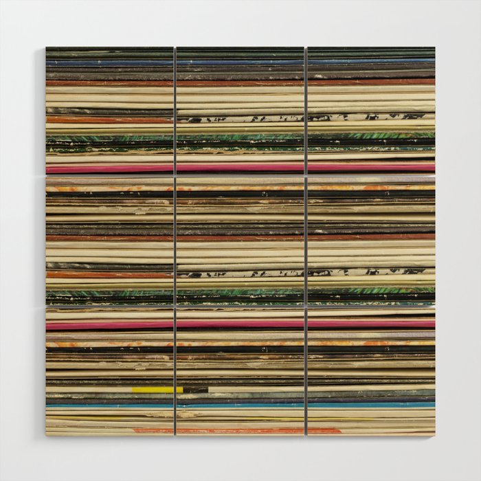 Old record carton covers stacked in pile Wood Wall Art