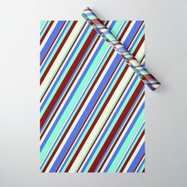 [ Thumbnail: Royal Blue, Aquamarine, Maroon & Beige Colored Striped Pattern Wrapping Paper ]