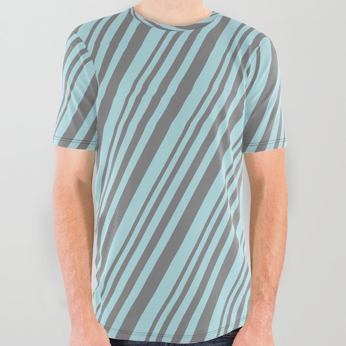 Grey and Powder Blue Colored Lines/Stripes Pattern All Over Graphic Tee
